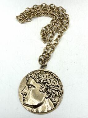Vintage Swank Medallion Necklace 30” Gold Tone Classical Profile Pendant Large